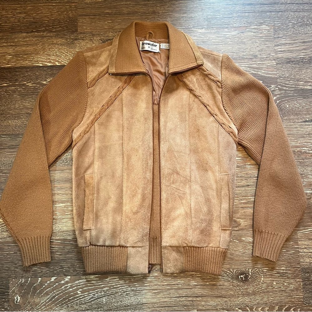 70s Vintage Brewster tan genuine Suede cable knit Sweater Jacket coat Size M